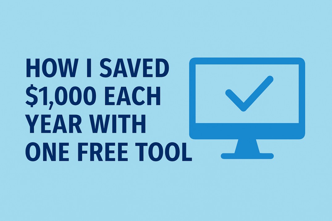 Bright orange horizontal banner with bold black text that says “How I Saved $1,000 Each Year With One free business tool” next to a white computer icon with a checkmark.