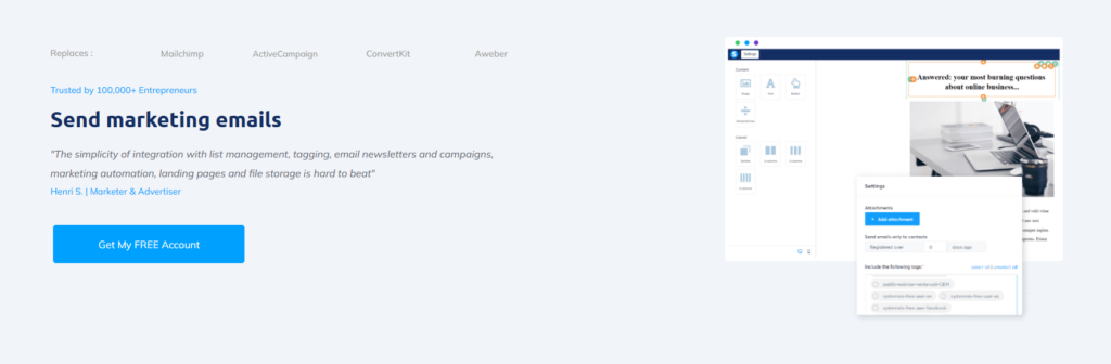 Systeme.io email builder interface with a testimonial highlighting it as a free business tool for sending marketing emails, newsletters, and automations.
