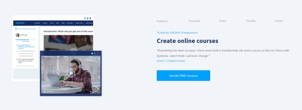 Systeme.io course builder interface showing video lessons and progress tracking, promoted as a free business tool to easily create and sell online courses.