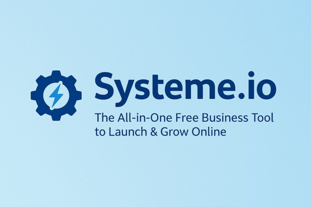 Systeme.io logo with gear and lightning icon on a light blue background, with text that reads "The All-in-One Free Business Tool to Launch & Grow Online.