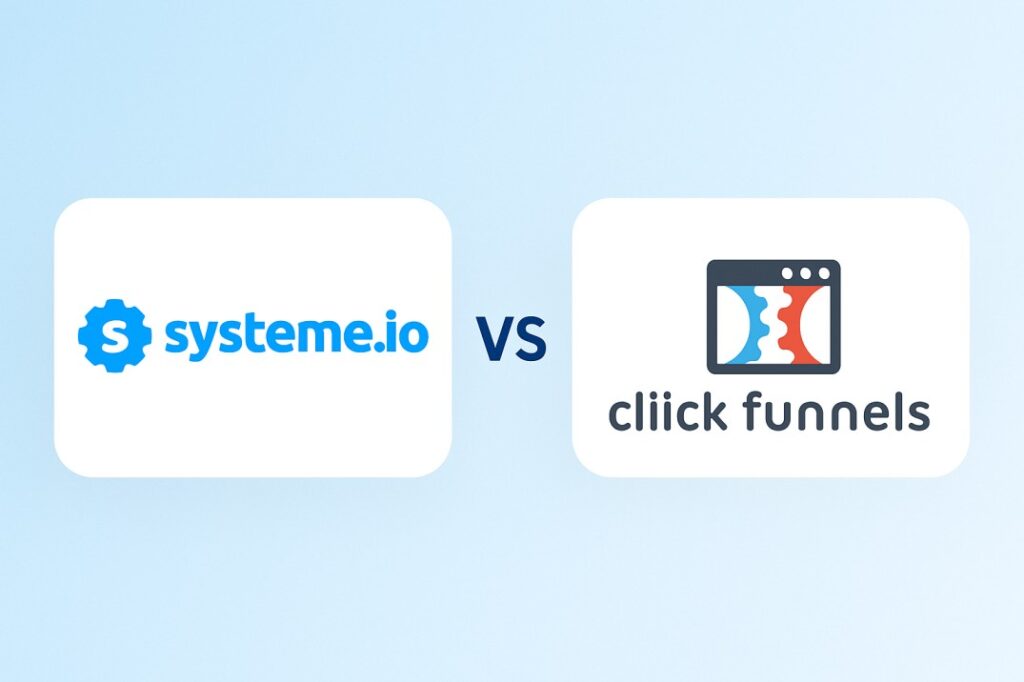 Side-by-side comparison image of Systeme.io and ClickFunnels logos, highlighting both as online business tools with a VS label in the center.