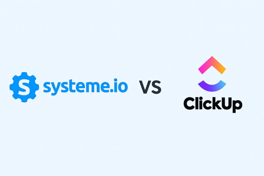 Side-by-side comparison image of Systeme.io and ClickUp logos with a VS label in the center, highlighting both platforms as tools for online business and productivity.