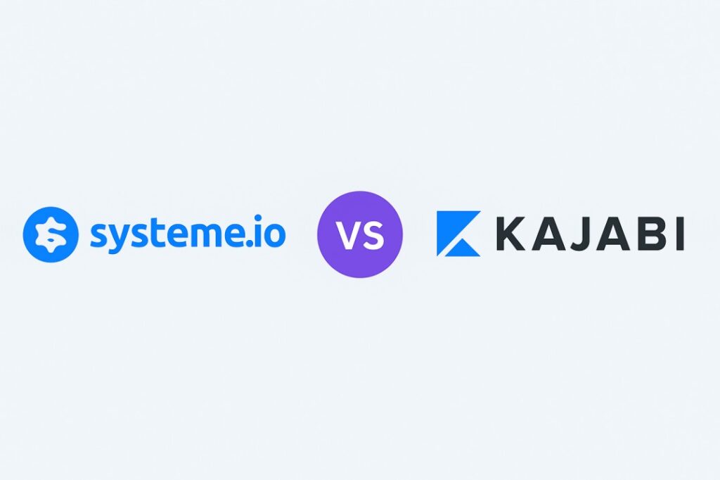 Side-by-side comparison of Systeme.io and Kajabi logos with a purple VS circle in the center, highlighting both as tools for building and selling online courses and businesses.